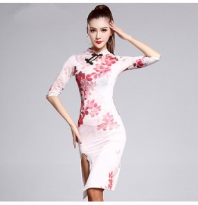 Pink floral printed side split women's ladies female competition performance practice  latin ballroom cha cha cheongsames dresses outfits 